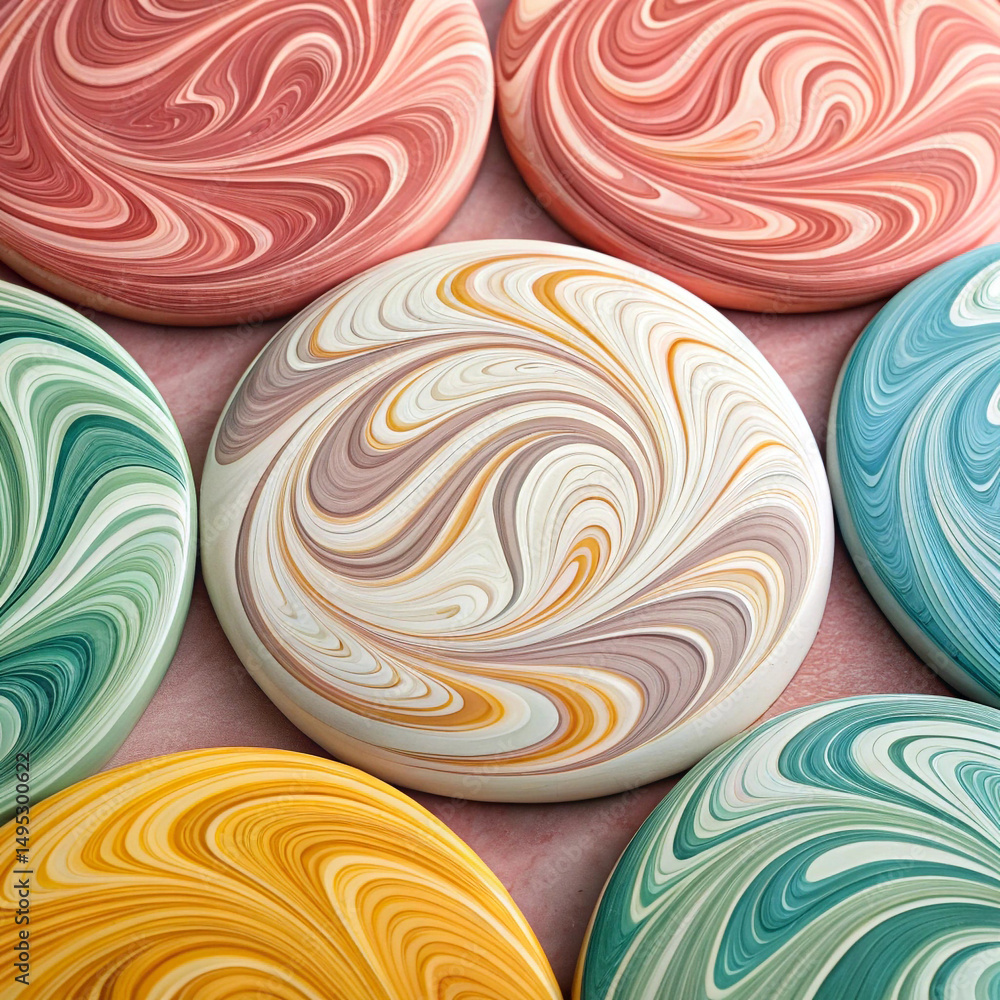 Poster collection of colorful round shapes with swirling patterns on pink surface