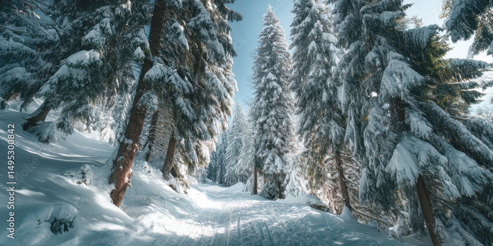 Poster snowy path through forest of tall trees in winter, representing serenity and holiday travel destinat