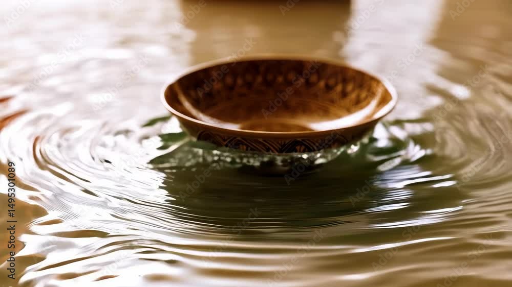 Poster ceramic bowl with detailed pattern floating on water surface creating ripples and reflections for ae