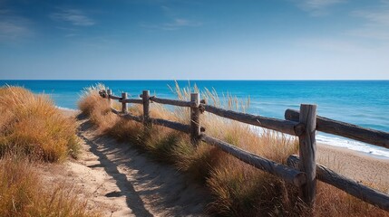 Obraz premium Scenic coastal path leading to a serene beach, framed by wooden fence and golden grass, under blue sky