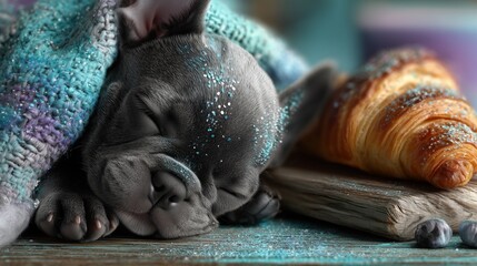 a French bulldog puppy and a French croissant