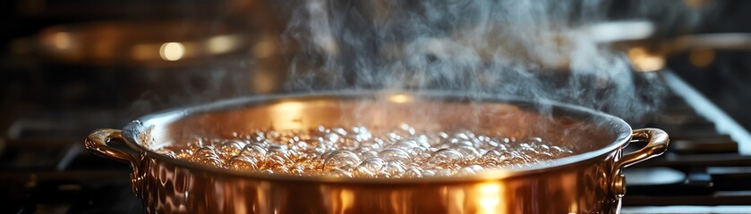 Obraz premium A beautiful copper saucepan bubbling with delicious sauce, highlighting the art of cooking and food preparation in a cozy kitchen.