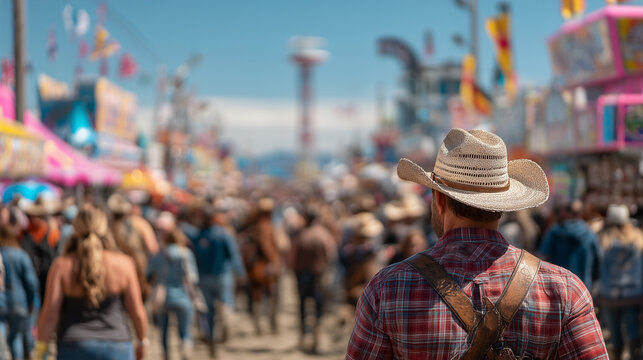 Cowboy Walking Toward Calgary Stampede Midway Crowds with Colorful Booths, Carnival Rides, and Western Attire on Sunny Day