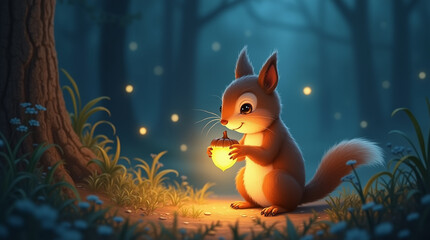  Close-up of a small squirrel holding a glowing acorn in the moonlight, whimsical and warm illustration style