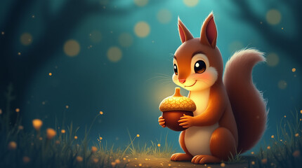 Obraz premium Close-up of a small squirrel holding a glowing acorn in the moonlight, whimsical and warm illustration style