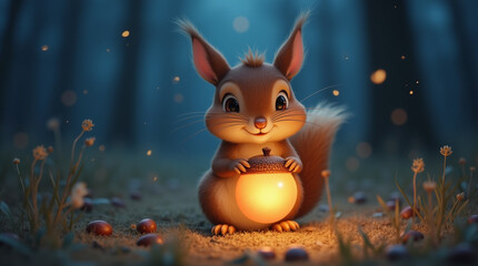 Obraz premium Close-up of a small squirrel holding a glowing acorn in the moonlight, whimsical and warm illustration style