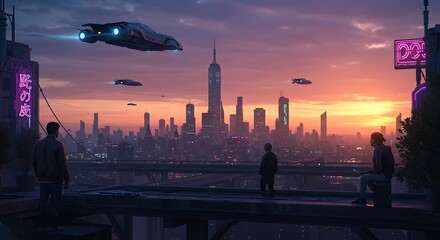 A futuristic city glows under a vibrant sunset, with flying vehicles and neon signs illuminating the skyline.