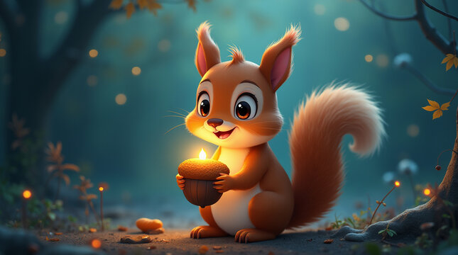  Close-up of a small squirrel holding a glowing acorn in the moonlight, whimsical and warm illustration style