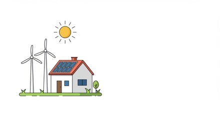 Eco-friendly house with solar panels and wind turbines in sunlight  