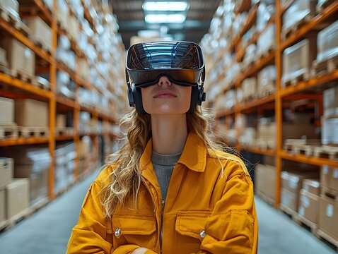 Warehouse worker using augmented reality to locate inventory efficiently - Powered by Adobe
