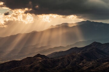 Sun Rays Shining Through Clouds Over Mountain Range, Evoking Serenity and Spiritual Awakening in Nature Photography : Generative AI