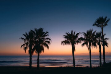 Obraz premium Palm Trees Silhouetted Against a Vibrant Sunset Over the Ocean, Evoking Tropical Relaxation and Vacation Getaways, Perfect for Travel and Tourism Marketing : Generative AI