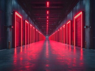 Fototapeta premium Futuristic Red Lit Warehouse Hallway