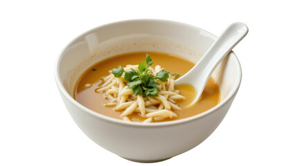 Steaming bowl of delicious noodle soup with spoon, a comforting and flavorful meal