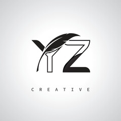YZ Letter Logo with Feather Pen – Elegant Monogram for Creative Branding and Identity Design