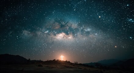 Fototapeta premium Glowing Cross Silhouette Under Starry Night Sky, Symbolizing Faith, Hope, and Spiritual Guidance for Belief and Religious Organizations : Generative AI