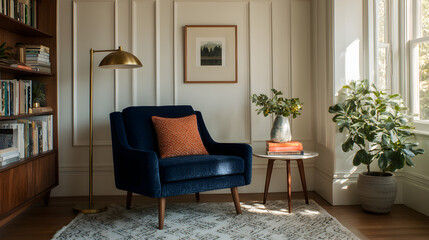 A cozy reading corner with a plush navy blue armchair, a brass floor lamp, and a stack of color-coded books on a vintage side table 23258302 2