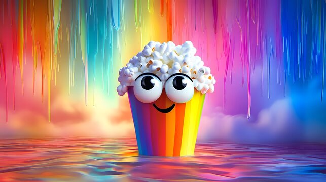 Colorful popcorn container with cheerful eyes floats in vibrant water.