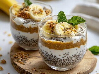 Delicious chia seed pudding layered with yogurt and banana served in clear glasses on a wooden base