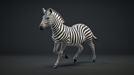 Fototapeta premium A zebra with black and white stripes running on a black background in a studio setting posed dynamically