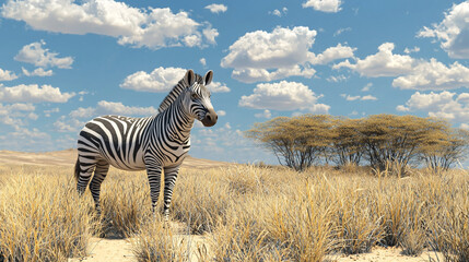Obraz premium A zebra standing in a field of tall grass under a blue sky with scattered white clouds day time view
