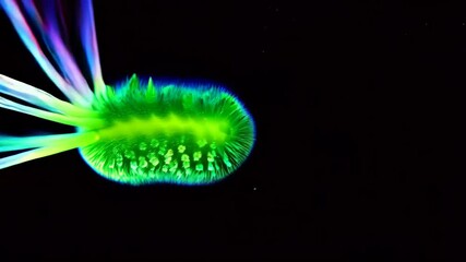 Close-up of a vibrant bioluminescent organism with green glowing filaments and tubular extensions on a black background - Powered by Adobe