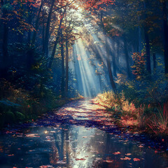 Obraz premium Dappled sunlight filters through a vibrant autumn forest, highlighting a serene path lined with colorful fallen leaves reflecting on calm water during early morning hours