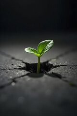Green seedling sprouting from cracked soil in spotlight, symbol of resilience, hope and new beginnings