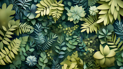 Vibrant assortment of paper leaves and foliage arranged in intricate patterns showcasing nature's beauty in a creative and artistic manner