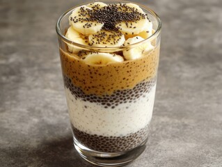 Chia seed parfait layered with yogurt and banana slices topped with seeds