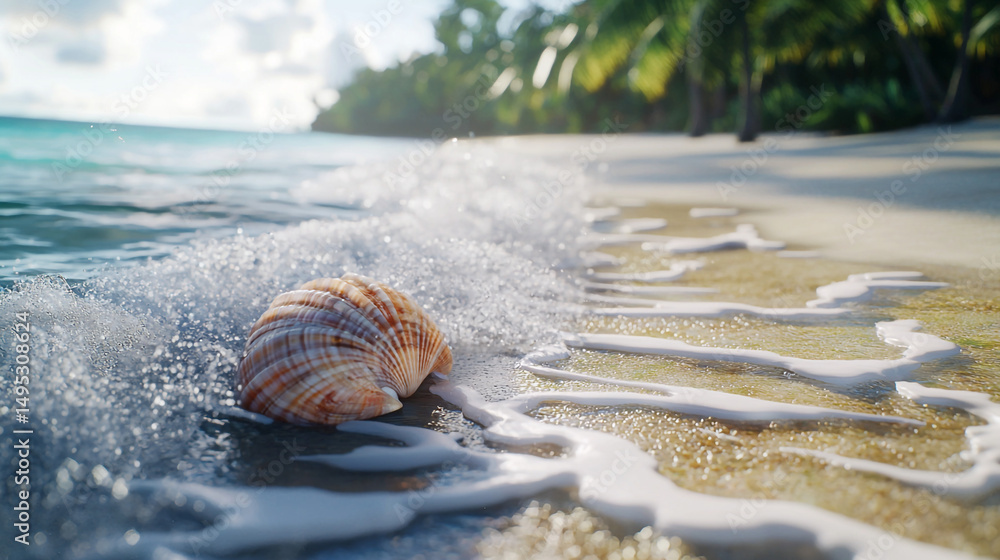 Poster seashell on the beach with waves crashing and palm trees in the background on a sunny day