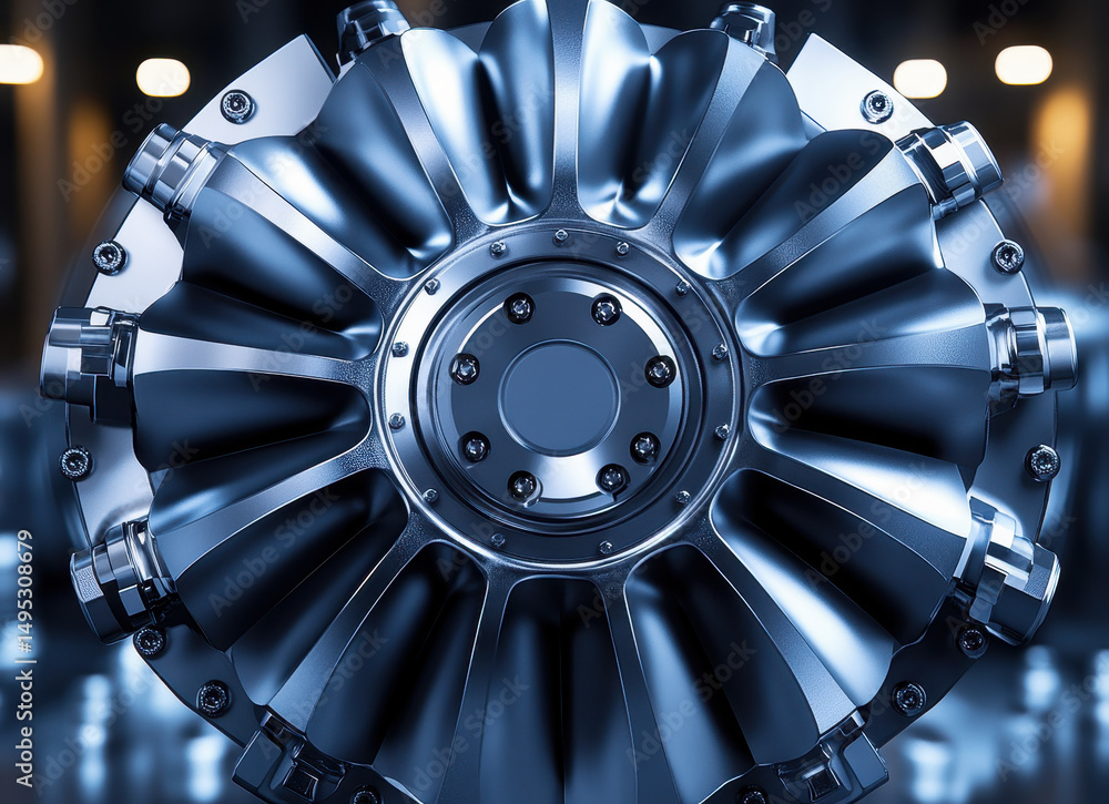 Poster close-up of industrial metallic turbine engine showing polished chrome blades with symmetrical desig