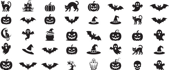  Halloween icons black silhouettes spooky symbols. eps-10