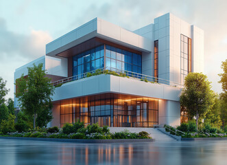 Fototapeta premium Modern architectural building with large glass windows, surrounded by green landscape and reflecting water
