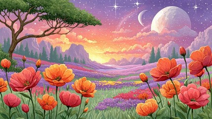 Fototapeta premium Vibrant Poppies and Purple Flowers Under a Twilight Sky with Moon and Stars