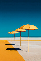 Fototapeta premium Parasols jaunes ouverts alignés sur la plage