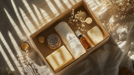 Luxurious spa gift set featuring essential oil, natural soaps, and soft towel in sunlit box with elegant dried flowers for a relaxing retreat. Spa accessory composition set in spa hotel