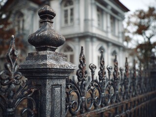 Obraz premium Ornate wrought iron fence with intricate details in foreground, vintage mansion in background, autumn scene