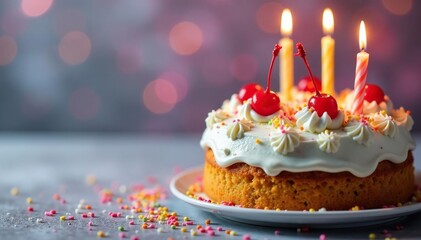 Delicious frosted cake with candles, sprinkles, and cherries , special occasion, party