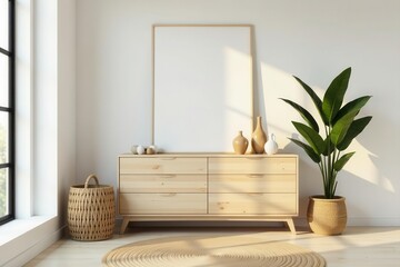 Light wood dresser, rattan accents, minimalist room , room, product display, storage