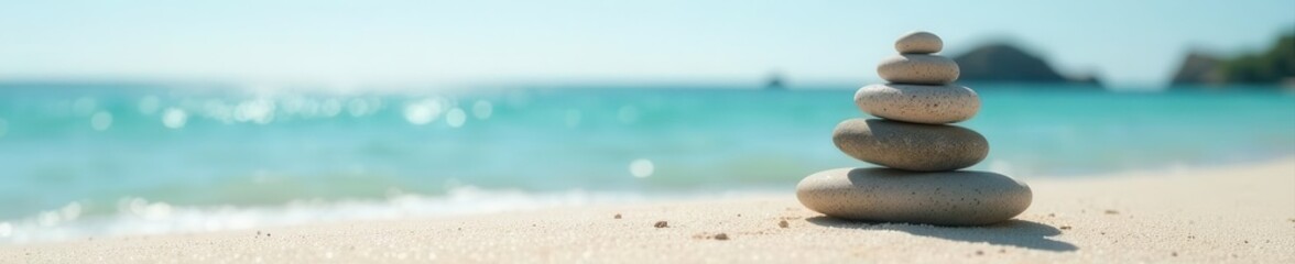 Peaceful pyramid of stones on sandy beach, calm sea background , pyramid, calm