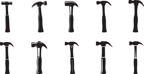  Twelve black hammer silhouettes tool icons set. eps-10