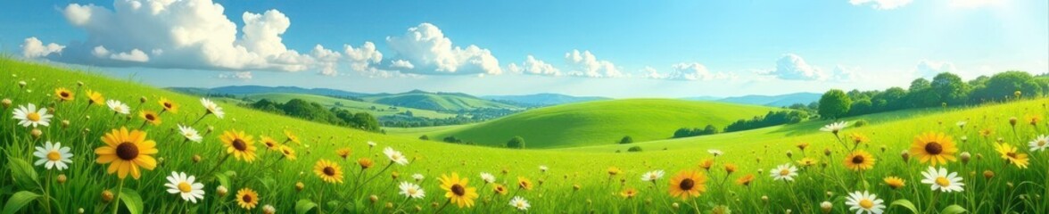 Obraz premium Rolling green hills, wildflowers blooming under a bright spring sky, sunny, farmland