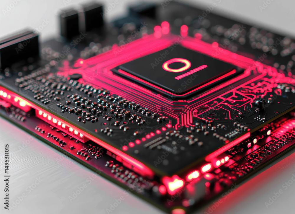 Poster close-up of modern computer motherboard circuit board with red led lighting and microchip technology