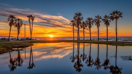 Tranquil Beach Sunset with Palm Trees Reflecting in Water, Vibrant Colors Illuminating Sky and Landscape, Nature's Beauty Captured in Golden Hour