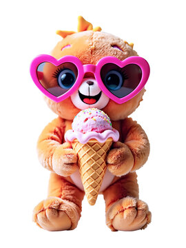 Immagine su sfondo trasparente di pupazzo in morbido peluche con grandi occhiali rosa a forma di cuore e cono gelato