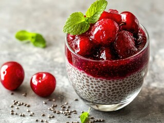 Delicious chia seed pudding topped with cherry jam and fresh cherries in a clear glass