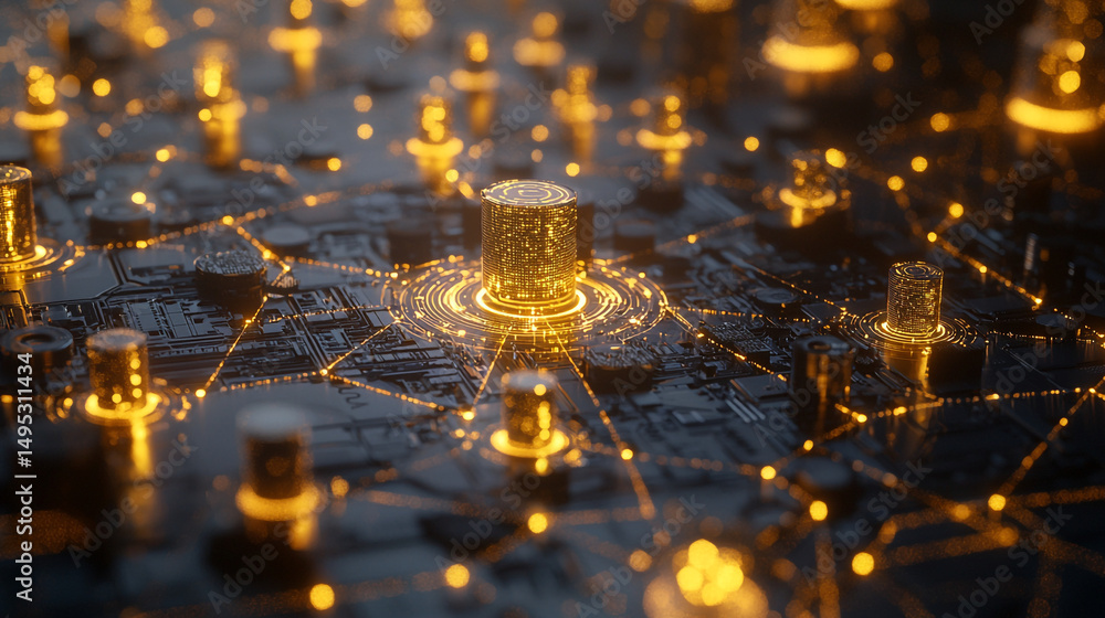 Poster glowing network of interconnected nodes with central cylinder and radiating light trails on dark sur