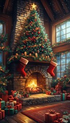 Fototapeta premium Christmas Interior, Cozy Fireplace, Decorated Tree, Gifts, Warm