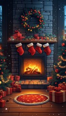 Cozy Christmas fireplace scene with presents and trees